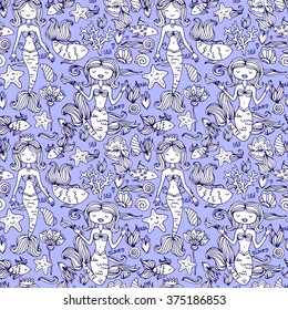 cute vector seamless pattern with mermaids and fishes in the sea. animated children's style.