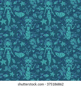 cute vector seamless pattern with mermaids and fishes in the sea. animated children's style.