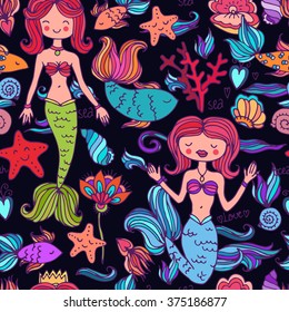 cute vector seamless pattern with mermaids and fishes in the sea. animated children's style.