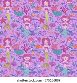 cute vector seamless pattern with mermaids and fishes in the sea. animated children's style.