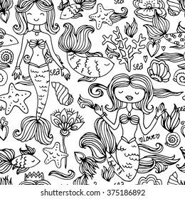 cute vector seamless pattern with mermaids and fishes in the sea. animated children's style.