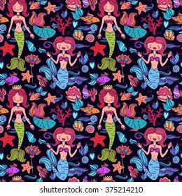 cute vector seamless pattern with mermaids and fishes in the sea. animated children's style.