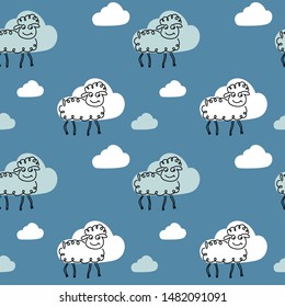Cute vector seamless pattern of monochrome graphic illustration of the sheep and of the white and blue clouds on a blue background . For fabric, textile, paper, . Child element
