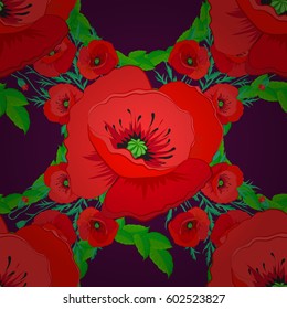 Cute vector seamless pattern. Motley floral image with poppy flowers on purple background.