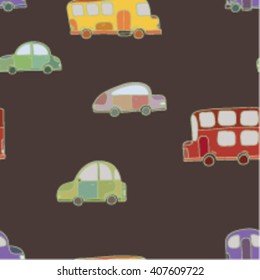 The cute vector seamless pattern with multi-colored cars. Cartoon kids objects