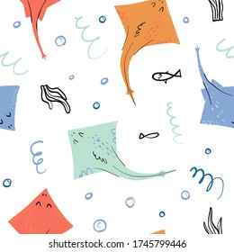Cute vector seamless pattern on isolated background with sea and ocean inhabitants like fish and electric stingray. Doodle style kiddish illustration for wrapping paper, fabric print and other design.