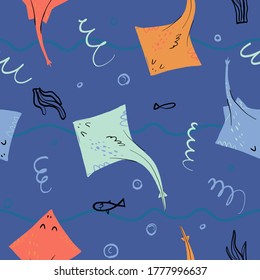 Cute vector seamless pattern on blue background with sea and ocean inhabitants like fish and electric stingray. Doodle style kiddish illustration for wrapping paper, fabric print and other design.