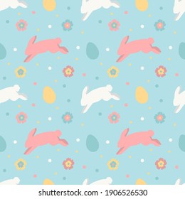 
cute vector seamless pattern on Easter theme with hand drawn rabbits and colored eggs. flat illustration, pattern for printing on clothing, fabric, wrapping paper