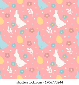 cute vector seamless pattern on Easter theme with hand drawn rabbits and colored eggs. pattern for printing on clothing, fabric, wrapping paper