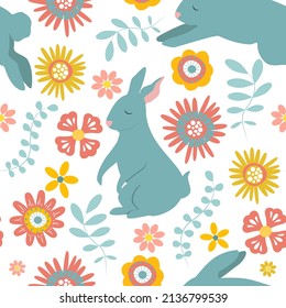 cute vector seamless pattern on Easter theme with hand drawn rabbits and flowers. pattern for printing on clothing, fabric, wrapping paper