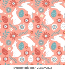 cute vector seamless pattern on Easter theme with hand drawn rabbits and colored eggs. pattern for printing on clothing, fabric, wrapping paper