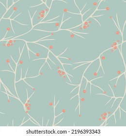 Cute vector seamless pattern with orange berries on the  gray branches. Elegant floral texture. Simple abstract vegetal ornament. Stylish natural wallpapers, fabric. Modern repeat design