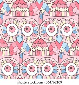 Cute vector seamless pattern with owls.  Doodle pink print.