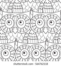 Cute vector seamless pattern with owls.  Doodle black and white print.