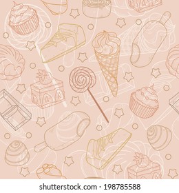 Cute vector seamless pattern with pastel color contour bakery products and different sweets