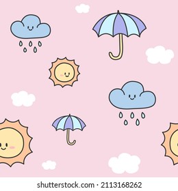 Cute vector seamless pattern of pastel weather themed cartoon with cloud, raindrop, umbrella, and sun on pink background