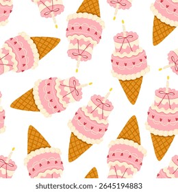 Cute vector seamless pattern with pastel pink bento cake ice cream cones decorated with tiny hearts, bows, and candle. Hand-drawn crayon style. Perfect for Valentines Day, birthday decor, packaging.