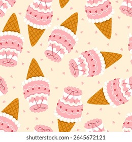 Cute vector seamless pattern with pastel pink bento cake ice cream cones decorated with tiny hearts, bows, and candle. Hand-drawn crayon style. Perfect for Valentines Day, birthday decor, packaging.
