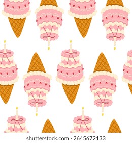 Cute vector seamless pattern with pastel pink bento cake ice cream cones decorated with tiny hearts, bows, and candle. Hand-drawn crayon style. Perfect for Valentines Day, birthday decor, packaging.