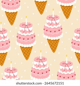 Cute vector seamless pattern with pastel pink bento cake ice cream cones decorated with tiny hearts, bows, and candle. Hand-drawn crayon style. Perfect for Valentines Day, birthday decor, packaging.