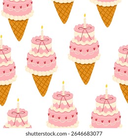 Cute vector seamless pattern with pastel pink bento cake ice cream cones decorated with tiny hearts, bows, and candle. Hand-drawn crayon style. Single dessert to take away.