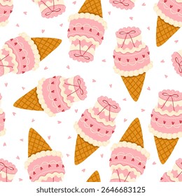 Cute vector seamless pattern with pastel pink bento cake ice cream cones decorated with tiny hearts, bows, and candle. Hand-drawn crayon style. Perfect for Valentines Day, birthday decor, packaging.