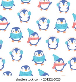 Cute vector seamless pattern with penguins on white background. Kids doodle illustrations. Cute penguin, stickers, stylish penguin animals, kids unisex textile design, boys