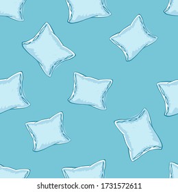 Cute vector seamless pattern with pillows. Stylish pillows textile design isolated on blue background. Ideal for fabric, textile, gift wrapping paper and baby projects. Vector illustration
