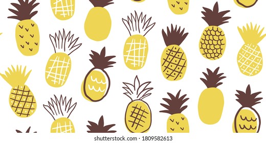 Cute vector seamless pattern with pineapples on white background. Juicy tropical pattern in minimalistic doodle style. Perfect summer vacation t-shirt pattern design