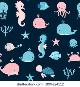 Cute Vector Seamless Pattern With Pink And Blue Sea Animals For Summer Kids Designs And Backgrounds
