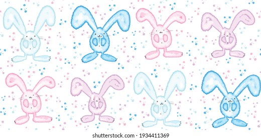 Cute vector seamless pattern with pink and blue rabbits in watercolor style
