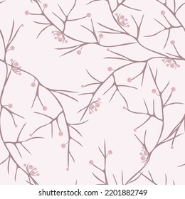 Cute vector seamless pattern with pink berries on the dark pink branchesand light background. Elegant floral texture. Simple abstract vegetal ornament. Stylish natural wallpapers, fabric.