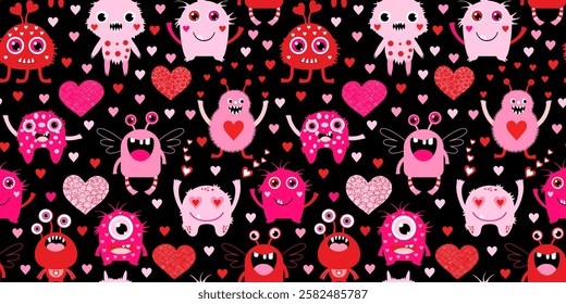 Cute vector seamless pattern with pink and red monster creatures and hearts for Valentine's Day graphic designs, kids clothing, banners and decor
