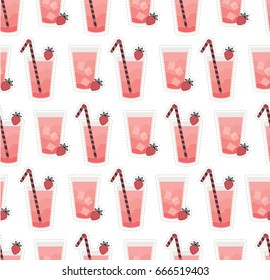 Cute vector seamless pattern with pink stickers. All elements are  hidden under mask. Pattern are not cropped and can be edited. Patch or fashion pin badges. Summer. Ice cocktail, strawberry smoothie