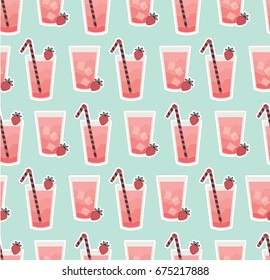 Cute vector seamless pattern with pink stickers. All elements are  hidden under mask. Pattern are not cropped and can be edited. Patch or fashion pin badges. Summer. Ice cocktail, strawberry smoothie.
