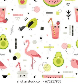 Cute vector seamless pattern with pink and green stickers. All elements are  hidden under mask. Pattern are not cropped and can be edited. Patch or fashion pin badges. Summer rest, holiday, travel.