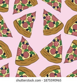 Cute vector seamless pattern with pizza part. Decorative cute backdrop. Cute pattern with fresh Italian food, seamless pattern for wallpaper, wrapping paper, and cloth. Good for printing.