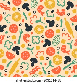 Cute vector seamless pattern with pizza ingredients. Concept design for menu restaurant, box, promo materials, textile and wallpaper. Tasty italian meal with pepperoni, pineapple, tomato, onion