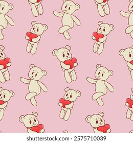 Cute vector seamless pattern. Polar white bears. Valentine's Day pattern. Pattern for wallpaper, textile, fabric and more.