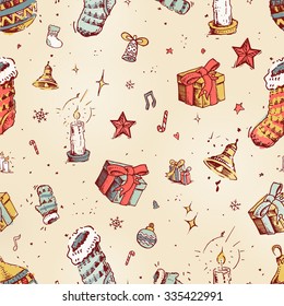 Cute vector seamless pattern with presents, bells and candle. Hand drawn vintage illustration