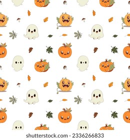 Cute vector seamless pattern with pumpkin ghosts and autumn leaves on Halloween theme