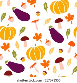 Cute vector seamless pattern with pumpkins, mushrooms, aubergines, acorns and tree leaves. Bright colorful doodle objects on white background.