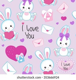 Cute vector seamless  pattern with rabbits and hearts. Endless background.