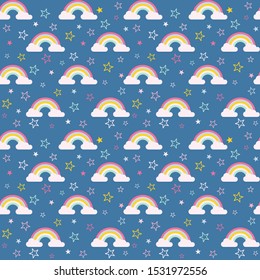 Cute Vector Seamless Pattern with  Rainbow and Stars for Kids. Baby Texture for Use in Design, Scrapbooking,Textule.