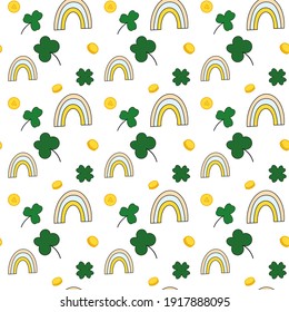 Cute vector seamless pattern with rainbow, shamrock and coins.