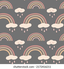 Cute vector seamless pattern with rainbows and clouds on a gray background.For printing on children's textiles and accessories.