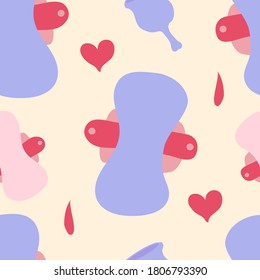 Cute vector seamless pattern with reusable sanitary pads, menstrual cups, hearts and drops on pastel yellow background