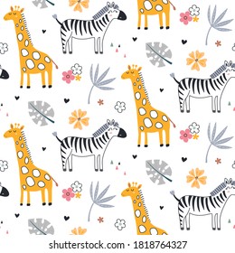 Cute vector seamless pattern with safari animals, zebra, giraffe and tropical plants. Endless background in childish style for fabric, textile, kids design.