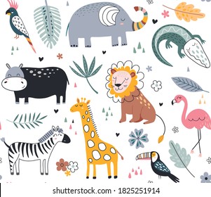 Cute vector seamless pattern with safari animals, elephant, dangerous alligator, wild cat, lion, flamingo, giraffe and tropical plants. Endless background in childish style for fabric, textile, kids d