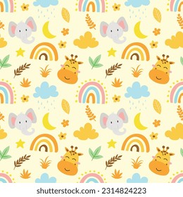 cute vector seamless pattern with safari animals, elephant, giraffe and rainbow. Endless background in childish style for fabric, textile, children